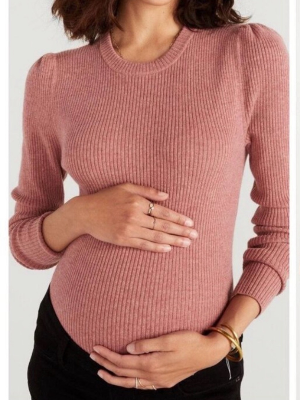 HATCH The Giada Sweater Marled Rose  1 merino wool ribbed puff sleeve Size Small